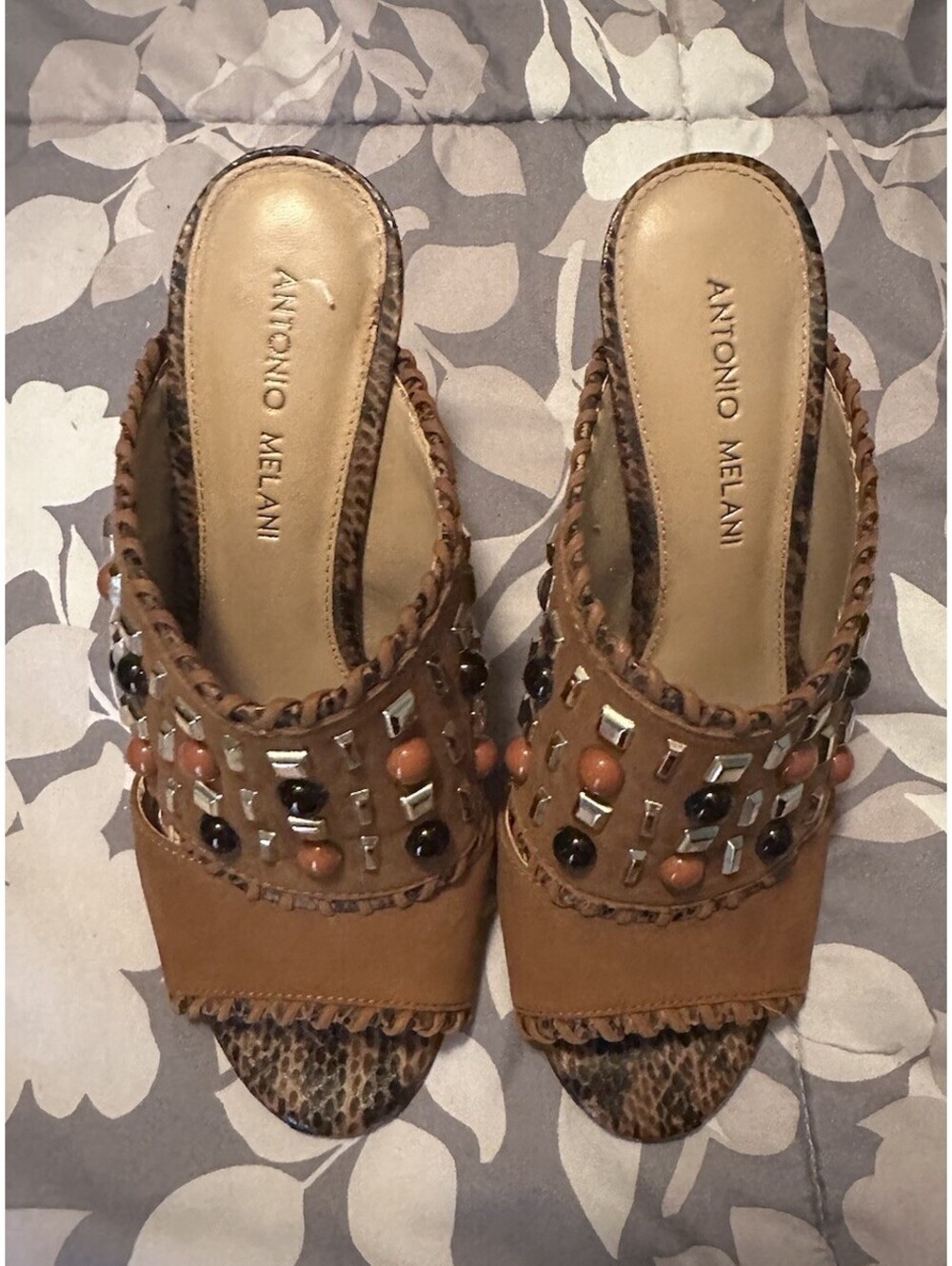 Antonio Melani 7m Slide Heels Brown with Embellished Uppers Great Condition